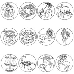 Zodiac signs set. Linear illustrations of animals and symbols. The nature and essence of a person by date of birth and the influence of the planets. Vector