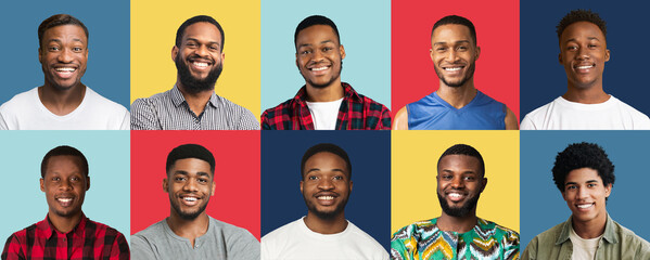 Portraits of cheerful african american men posing on colorful backgrounds