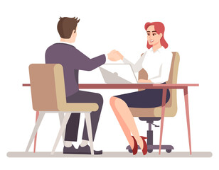 Accomplish strategic discussion semi flat RGB color vector illustration. Successful interview with new job applicant isolated cartoon characters on white background