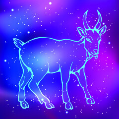 Fototapeta na wymiar Eastern horoscope. Neon silhouette of a goat against the background of the starry sky. Zodiac animals. Vector illustration