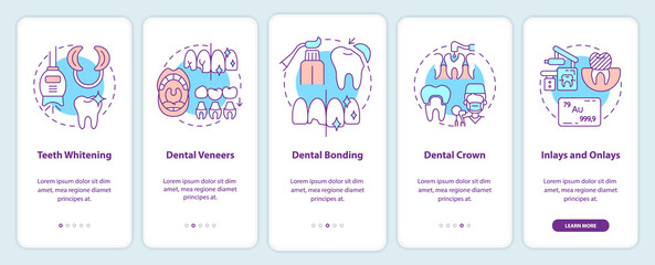 Cosmetic dentistry types onboarding mobile app screen. Teeth whitening walkthrough 5 steps graphic instructions pages with linear concepts. UI, UX, GUI template. Myriad Pro-Bold, Regular fonts used