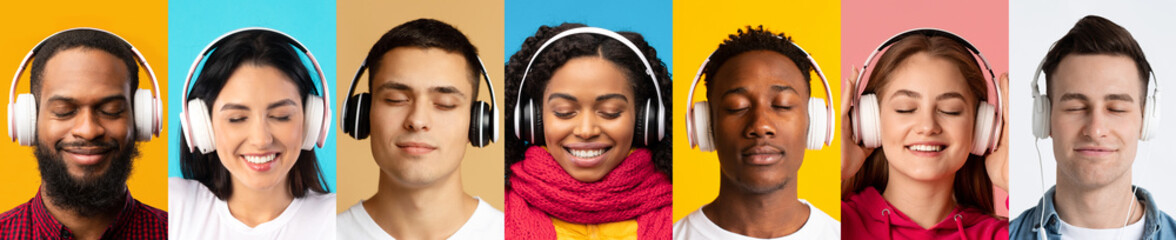 Happy multiethnic young people enjoying music, collection