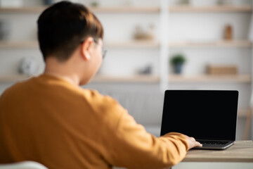 Back view of teenager using laptop with empty screen