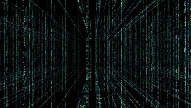 Flug durch einen aus blauer Matrix (Bin&auml;r Code) bestehenden Raum (Hintergrund Animation) 