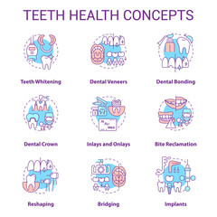 Teeth health concept icons set. Regular dental visit idea thin line color illustrations. Dental veneers. Reshaping tooth. Isolated symbols. Editable stroke. Roboto-Medium, Myriad Pro-Bold fonts used
