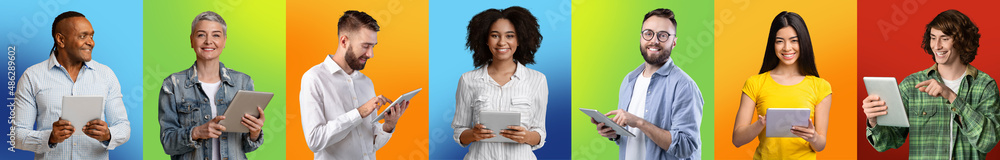 Poster diverse multicultural people using digital tablets over colorful backgrounds for online communicatio