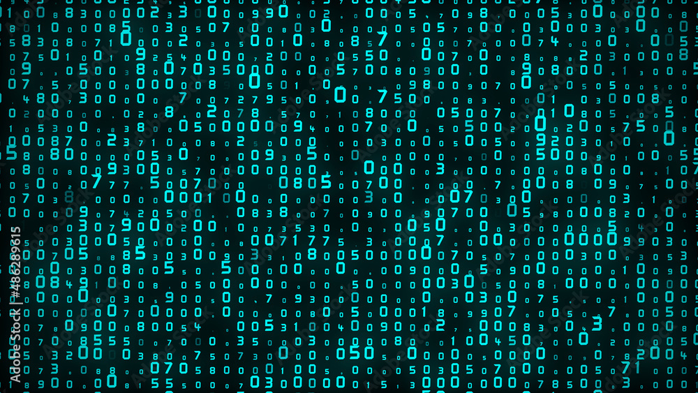 Poster Turquoise numbers background. Big data digital stream. Binary matrix number technology futuristic concept. Hex code flow. Display modern programming. 3d rendering