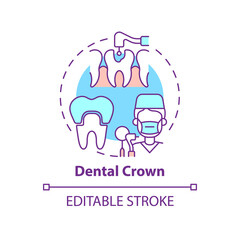 Dental crown concept icon. Cosmetic dentistry type abstract idea thin line illustration. Long term tooth restoration. Isolated outline drawing. Editable stroke. Arial, Myriad Pro-Bold fonts used