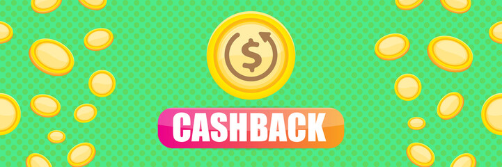 vector cash back horizontal banner design template with cash back icon and coins isolated on mint green background. cashback or money refund label horizontal banner
