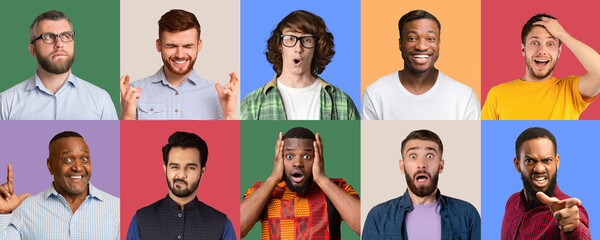 Collage of multicultural males expressing different emotions, panorama