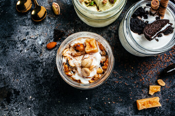 Caramel ice cream in glass jar. banner, menu, recipe place for text, top view