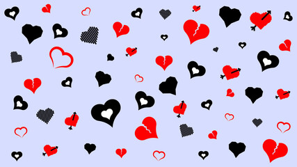 Seamless background with hearts. Design elements for Valentine's Day from red and black hearts. Stylish texture for use in graphic design. Vector illustration.