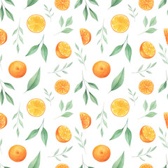 Orange watercolor citrus seamless pattern isolated on white background. Perfect for fabric, print, covers. Summer citrus digital paper.