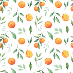 Orange watercolor citrus seamless pattern isolated on white background. Perfect for fabric, print, covers. Summer citrus digital paper.