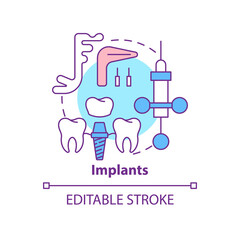 Implants concept icon. Cosmetic enhancement procedure abstract idea thin line illustration. Replacing missing teeth. Isolated outline drawing. Editable stroke. Arial, Myriad Pro-Bold fonts used