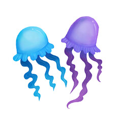 cartoon two blue and purple sea jellyfish with wavy tentacles on a white background, animals,  ocean,underwater,transparent creatures