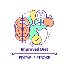 Improved diet concept icon. Tooth enhancement benefit abstract idea thin line illustration. Mindly selecting snacks. Isolated outline drawing. Editable stroke. Arial, Myriad Pro-Bold fonts used