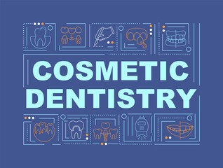 Aesthetic dentistry word concepts dark blue banner. Cosmetic dental treatment. Infographics with icons on color background. Isolated typography. Vector illustration with text. Arial-Black font used