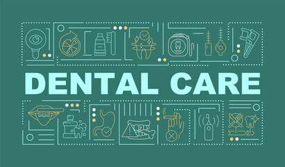 Dental and oral care word concepts dark green banner. Preventative dentistry. Infographics with icons on color background. Isolated typography. Vector illustration with text. Arial-Black font used