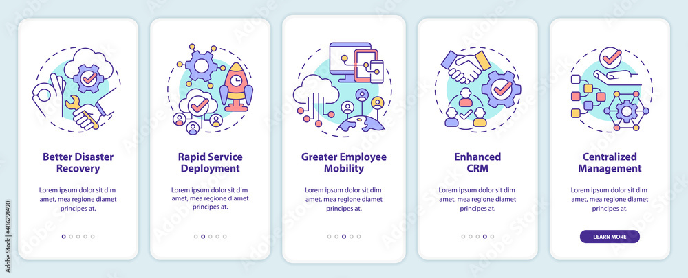Poster ucaas advantages onboarding mobile app screen. technology walkthrough 5 steps graphic instructions p