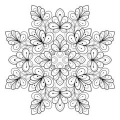 Floral mandala with henna elements and simple patterns on a white isolated background. For coloring book pages.
