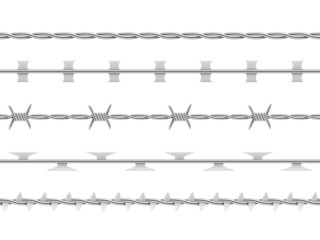 Realistic barbed wire collection vector illustration. Set twisted industrial metal cord with spikes