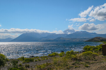 The Huechulafquen lake in the Argentinian Andes, mountain range in the background.