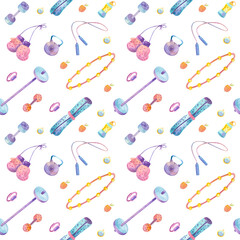 Seamless pattern with sports goods. Boxing gloves, fitball, yoga mat, barbell and dumbbells. Watercolor illustrations on white background.