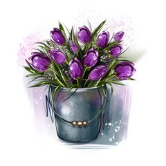 bucket with tulips, with flowers, digital illustration. Recommended white background