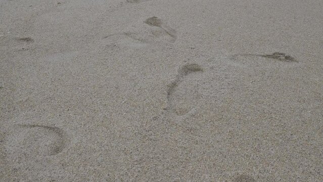 camera follow foot prints in sand at Atlantic beach. Close-up shoot