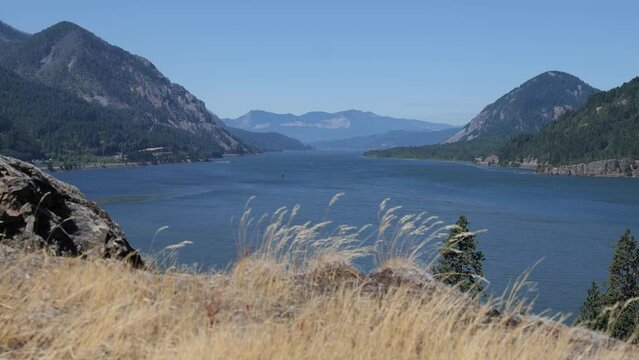 Columbia river in oregon looking west winding through mountains with some grass in foreground clear sky, one corner of american landscape