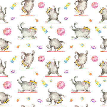Yoga Cats. Cute characters in various asanas. Print for sports goods. Watercolor seamless patterns on white background.