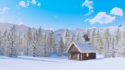Solitary cozy log cabin with smoking chimney among snow covered spruce forest high in snowy alpine mountains at sunny winter day. With no people 3D illustration from my 3D rendering file.