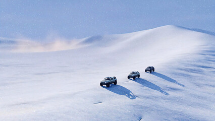 Group of 4x4 off-road vehicles SUV driving on snow slope among snowy arctic desert landscape with snow drifting at heavy snowfall and snowstorm. Winter scene 3D illustration from my 3D rendering file.
