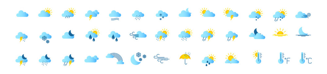 Fototapeta Set of weather icons in line style for web. Weather , clouds, wind, sun day, moon, snowflakes, sunny day obraz