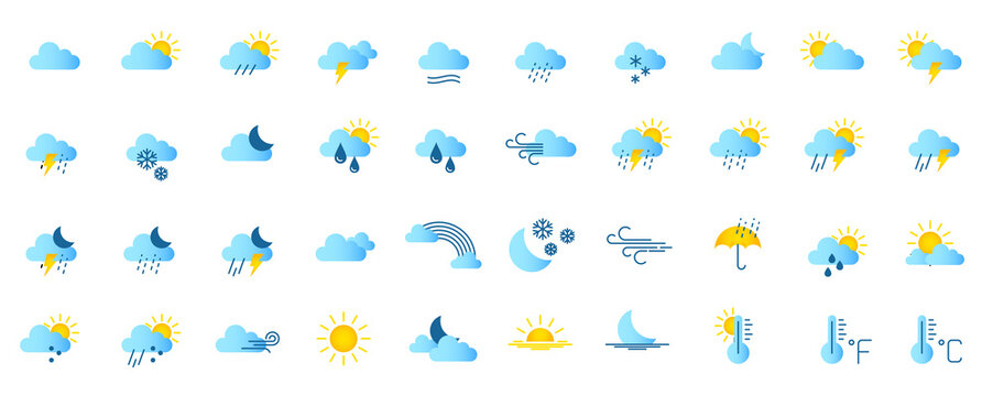 Set of weather icons in line style for web. Weather , clouds, wind, sun day, moon, snowflakes, sunny day