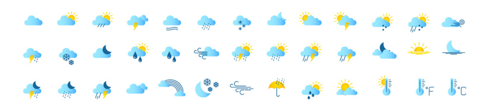 Set of weather icons in line style for web. Weather , clouds, wind, sun day, moon, snowflakes, sunny day