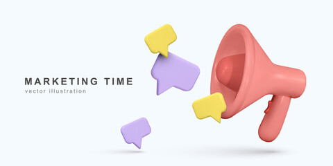 Marketing time concept, realistic 3d megaphone, loudspeaker. Vector illustration.