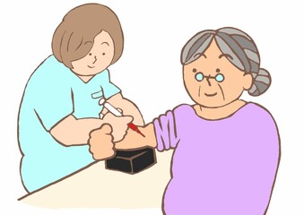 看護師から採血を受ける初期認知症の高齢女性のイラスト