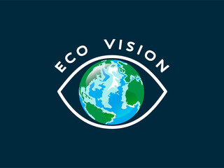 Isolated white outline icon of an eye with colored Earth planet in place of the iris, abstract concept of global eco vision. Symbol at dark blue background. Ecological safety strategy for the world