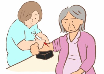 看護師から採血を受ける重度認知症の高齢女性のイラスト
