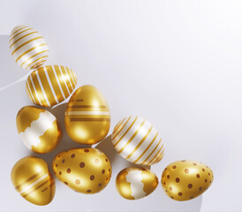 Group of golden eggs painted easter isolate with Happy Easter Day text on white background 3D rendering