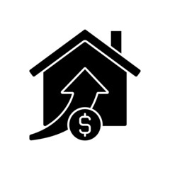 Rising property prices black glyph icon. Real estate. Property sale. Buying house for increased price. Silhouette symbol on white space. Solid pictogram. Vector isolated illustration
