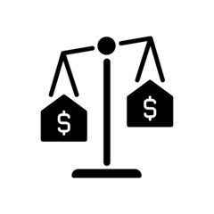 House comparables black glyph icon. Similar condition homes comparison. Real estate evaluation. Property sale. Silhouette symbol on white space. Solid pictogram. Vector isolated illustration - obrazy, fototapety, plakaty