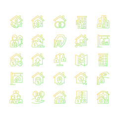 Property sale gradient linear vector icons set. Real estate market. House purchase. Thin line contour symbol designs bundle. Isolated outline illustrations collection. Quicksand-Light font used