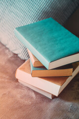 Pile of books on the bed in the room, lined with paper, next to the cushion. Medium flat.