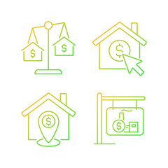 Housing searching gradient linear vector icons set. Property comparison. Home location. Real estate website. Thin line contour symbol designs bundle. Isolated outline illustrations collection