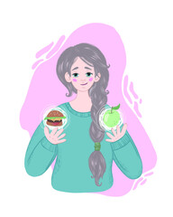 cute cozy vector illustration of a girl in a sweater with a long braid, she holds a hamburger and an apple in her hands.
healthy lifestyle. right choice. 