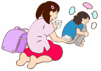 ヤングケアラー　独語する統合失調症の母親に内服をすすめる小学生の女の子のイラスト