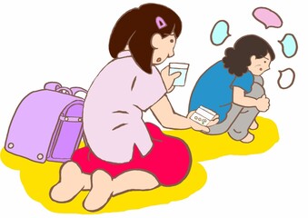 ヤングケアラー　独語する統合失調症の母親に内服をすすめる小学生の女の子のイラスト